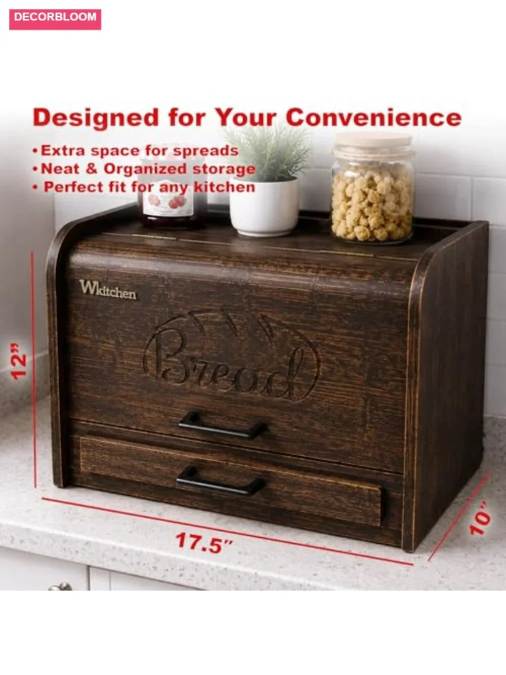 Extra Large Rustic Wood Bread Box with Crumb Tray, Kitchen Counter Storage